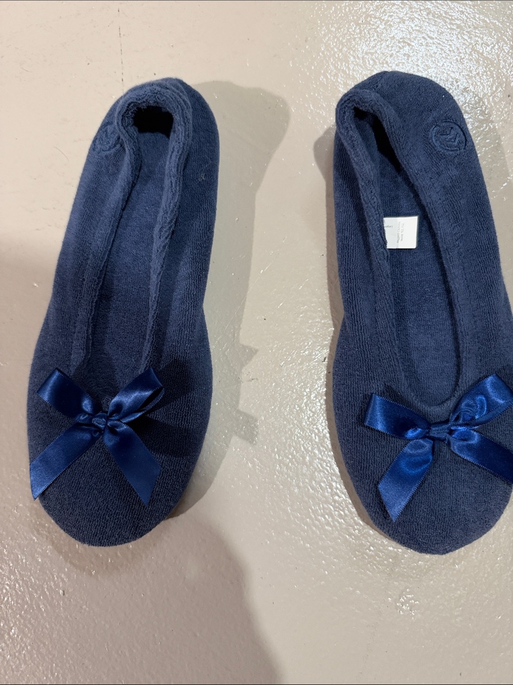 isotoner Navy Satin Bow Knit Ballet Slippers